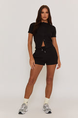 Black Rib Button Front Top and Short Loungewear Co-ord Set - Dua