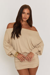 Beige Batwing Bardot Mini Dress - Clarice
