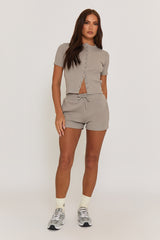 Dove Grey Button Front Top and Short Loungewear Co-ord Set - Dua