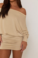 Beige Batwing Bardot Mini Dress - Clarice