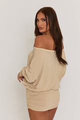 Beige Batwing Bardot Mini Dress - Clarice