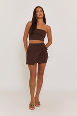 Chocolate Bandeau & Wrap Mini Skirt Co-ord Set - Sheena
