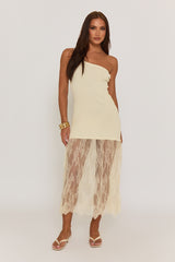 Butter Yellow Asymmetric Rib Knit and Lace Mix Dress - Miya