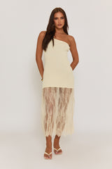 Butter Yellow Asymmetric Rib Knit and Lace Mix Dress - Miya
