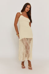 Butter Yellow Asymmetric Rib Knit and Lace Mix Dress - Miya