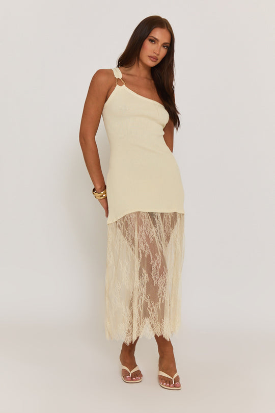 Butter Yellow Asymmetric Rib Knit and Lace Mix Dress - Miya