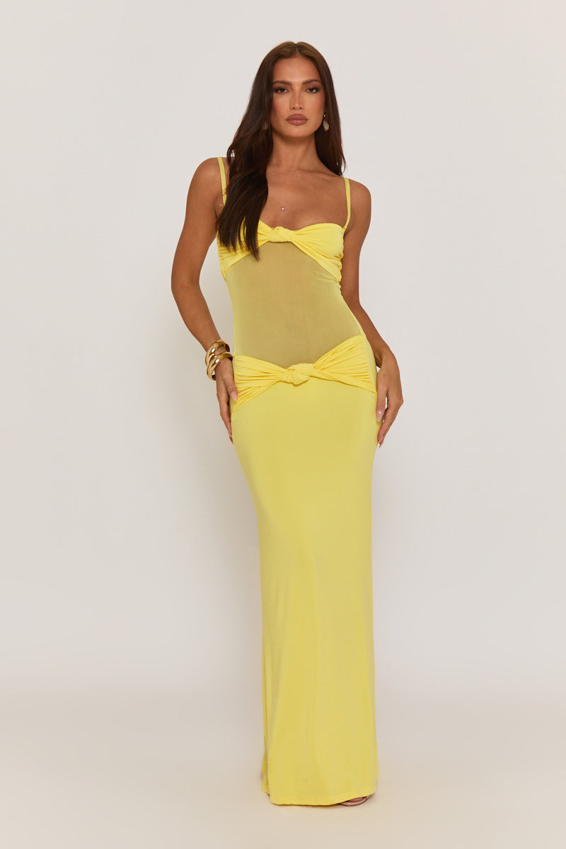Butter Yellow Twist Front Mesh Mix Maxi Dress - Lanna