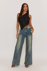 Black Lace Tie Back Asymmetric Top - Adia