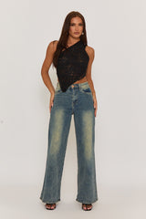 Black Lace Tie Back Asymmetric Top - Adia