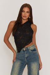 Black Lace Tie Back Asymmetric Top - Adia