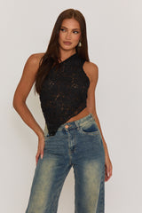 Black Lace Tie Back Asymmetric Top - Adia