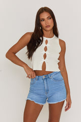 Light Blue Stretch Denim Frayed Hem Shorts - Jara