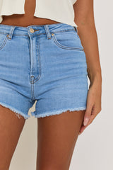 Light Blue Stretch Denim Frayed Hem Shorts - Jara