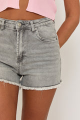 Grey Stretch Denim Frayed Hem Shorts - Layana
