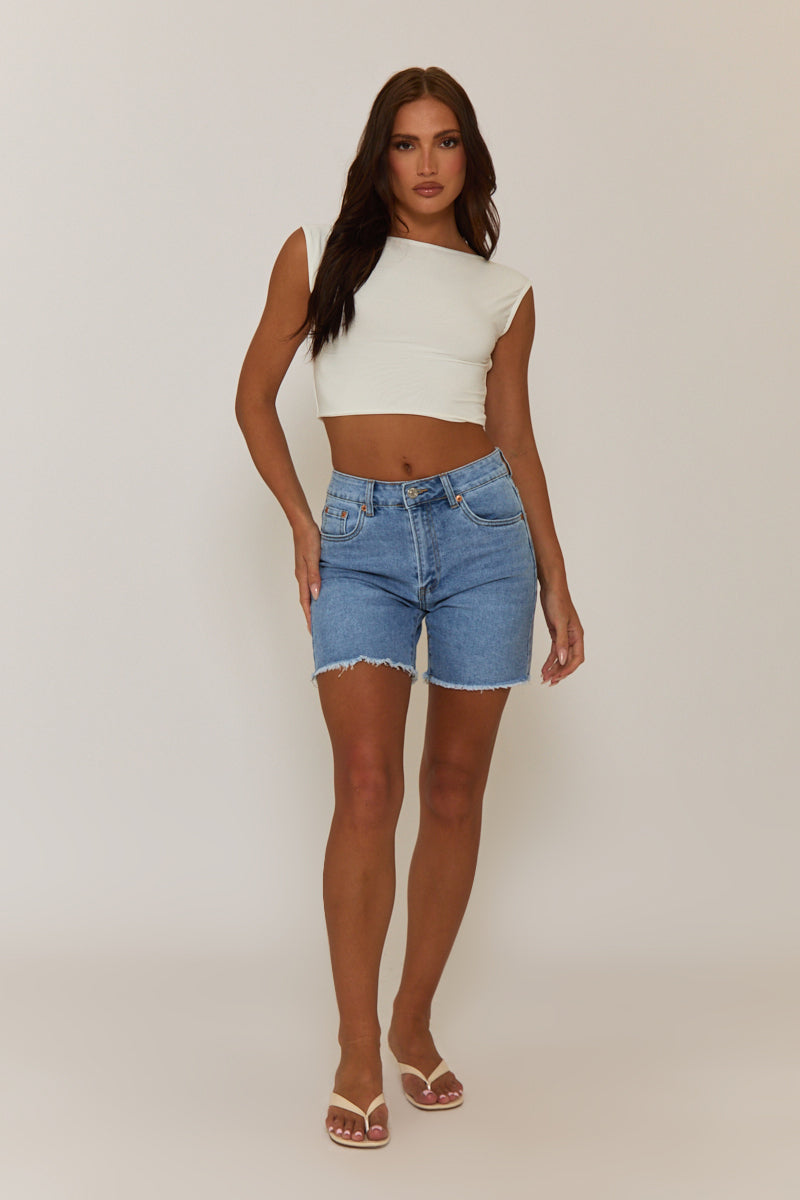 Blue Wash Stretch Denim Frayed Hem Bermuda Shorts - Meara