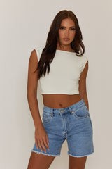 Blue Wash Stretch Denim Frayed Hem Bermuda Shorts - Meara