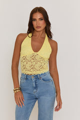 Butter Yellow Semi Sheer Halterneck Lace Top - London