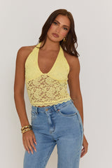 Butter Yellow Semi Sheer Halterneck Lace Top - London