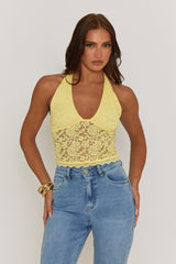 Butter Yellow Semi Sheer Halterneck Lace Top - London