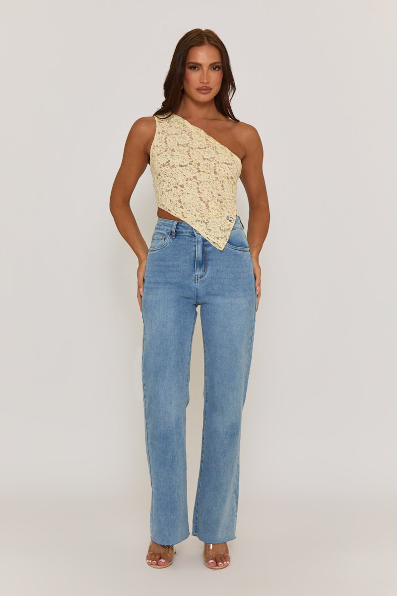 Butter Yellow Lace Tie Back Asymmetric Top - Adia