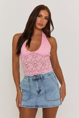 Pink Semi Sheer Halterneck Lace Top - London