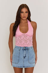 Pink Semi Sheer Halterneck Lace Top - London