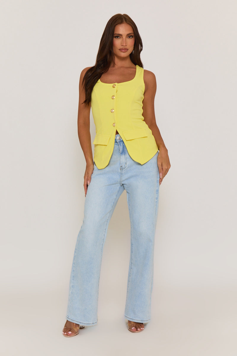 Yellow Gold Button Detail Longline Waistcoat - Isidora