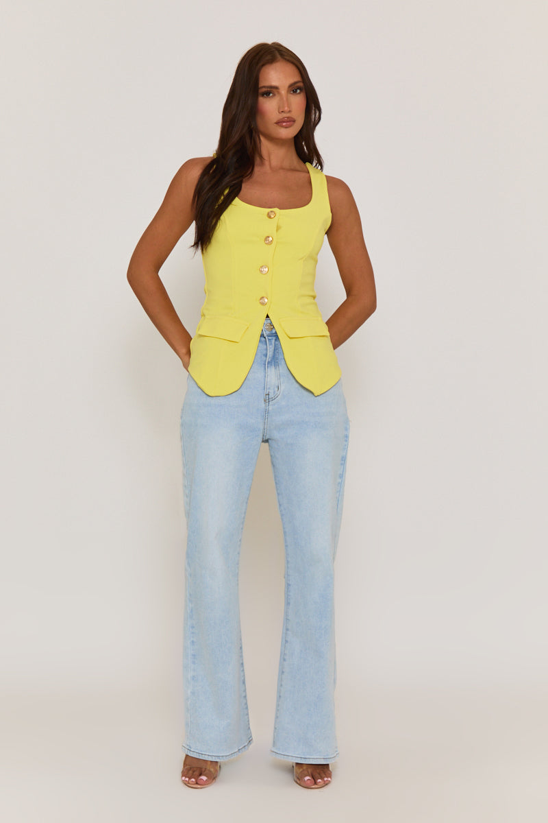 Yellow Gold Button Detail Longline Waistcoat - Isidora