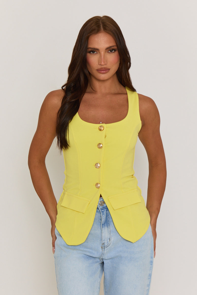 Yellow Gold Button Detail Longline Waistcoat - Isidora