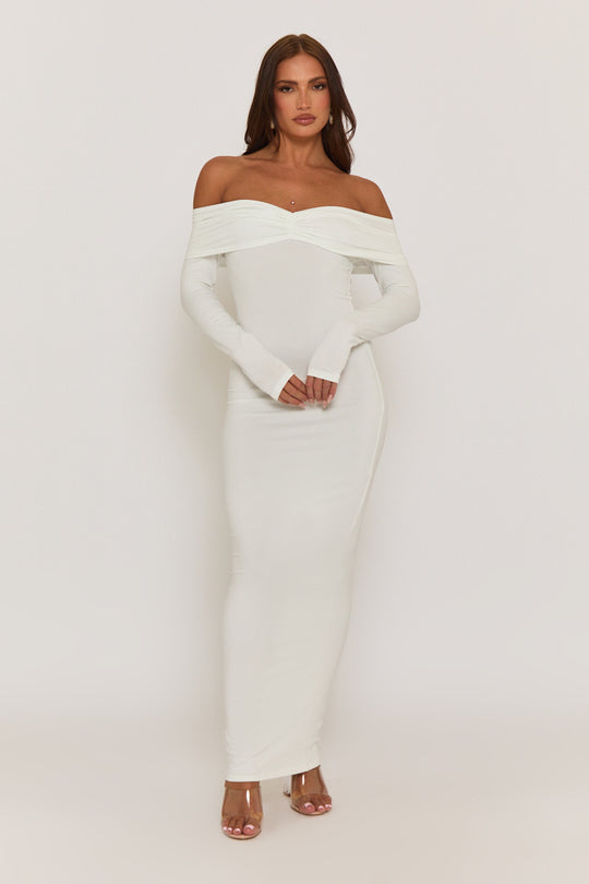 White Ruched Bardot Jersey Maxi Dress - Celestina