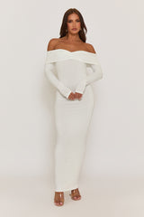 White Ruched Bardot Jersey Maxi Dress - Celestina