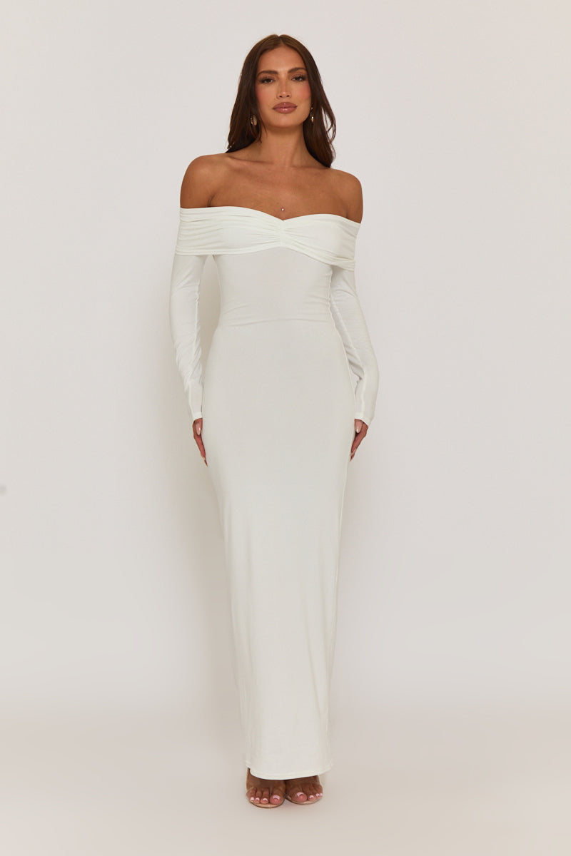 White Ruched Bardot Jersey Maxi Dress | Dress | Rebellious Fashion White Ruched Bardot Jersey Maxi Dress | Dress | Rebellious Fashion