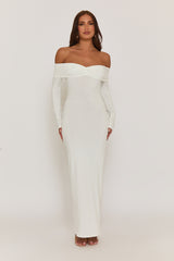 White Ruched Bardot Jersey Maxi Dress - Celestina