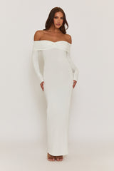 White Ruched Bardot Jersey Maxi Dress - Celestina
