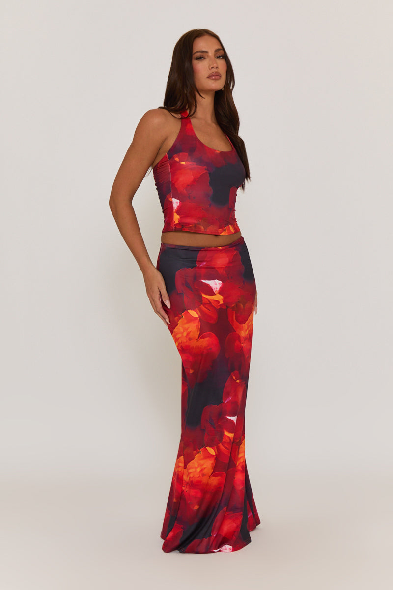 Red Floral Halterneck Top and Maxi Skirt Co-ord Set - Cecilia