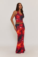 Red Floral Halterneck Top and Maxi Skirt Co-ord Set - Cecilia