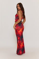 Red Floral Halterneck Top and Maxi Skirt Co-ord Set - Cecilia
