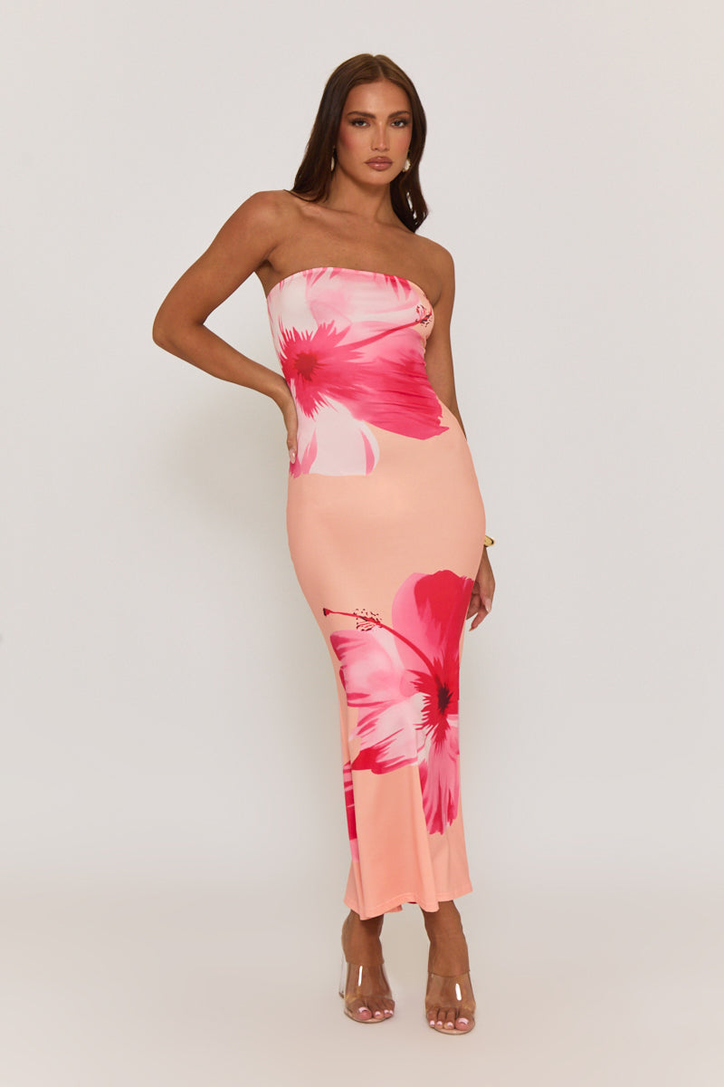 Orange Flower Print Bandeau Maxi Dress - Ava
