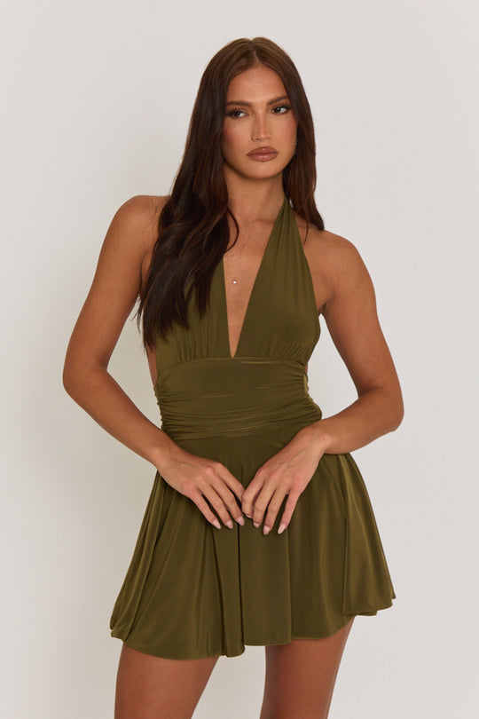 Khaki Halter Plunge Neck Mini Dress - Pippa