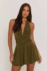 Khaki Halter Plunge Neck Mini Dress - Pippa