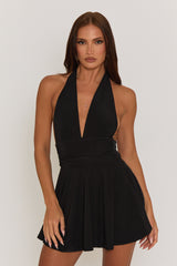 Black Halter Plunge Neck Mini Dress - Pippa