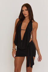 Black Plunge Neck Cowl Detail Top & Mini Skirt Co-ord Set - Lama