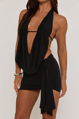 Black Plunge Neck Cowl Detail Top & Mini Skirt Co-ord Set - Lama