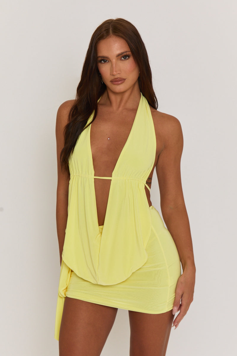 Yellow Plunge Neck Cowl Detail Top & Mini Skirt Co-ord Set - Lama