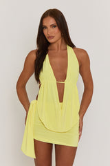 Yellow Plunge Neck Cowl Detail Top & Mini Skirt Co-ord Set - Lama