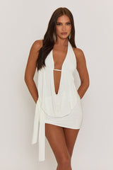 White Plunge Neck Cowl Detail Top & Mini Skirt Co-ord Set - Lama