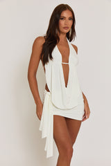 White Plunge Neck Cowl Detail Top & Mini Skirt Co-ord Set - Lama
