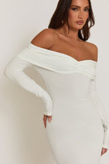 White Ruched Bardot Jersey Maxi Dress - Celestina