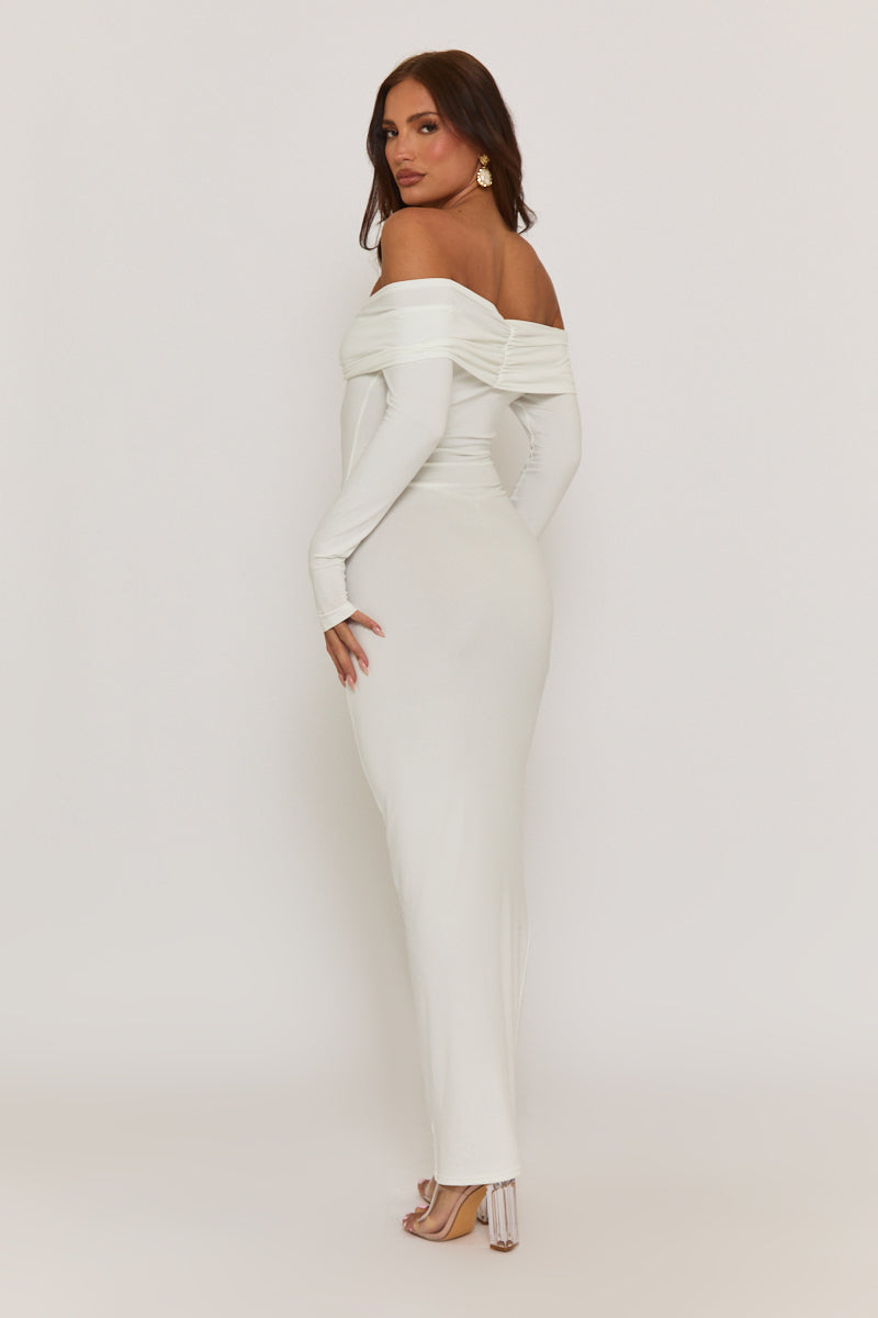 White Ruched Bardot Jersey Maxi Dress - Celestina