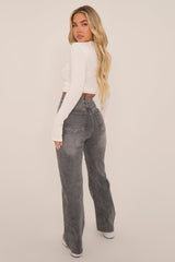 Grey Stretch Straight Leg Frayed Hem Jeans - Scarlett